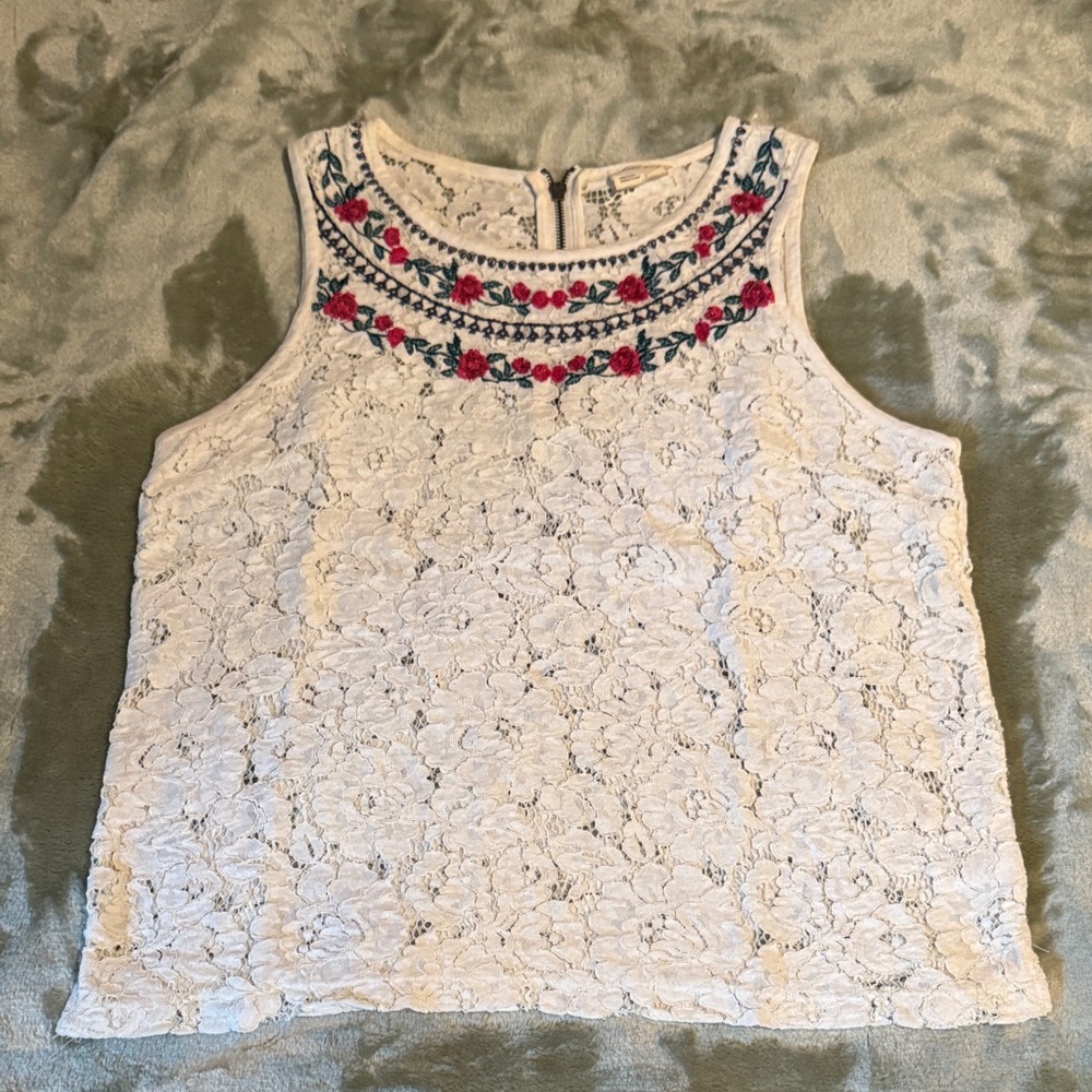 Meadow Rue White Lace Blouse with Pink Floral Embroidery Anthropologie